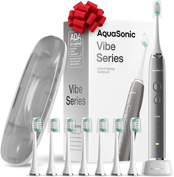 Aquasonic Vibe Series Ultra-Whitening Toothbrush – ADA Accepted Electric Toothbrush - 8 Brush Heads & Travel Case – 40,000 VPM Motor & Wireless Charging - 4 Modes w Smart Timer – Charcoal Metallic