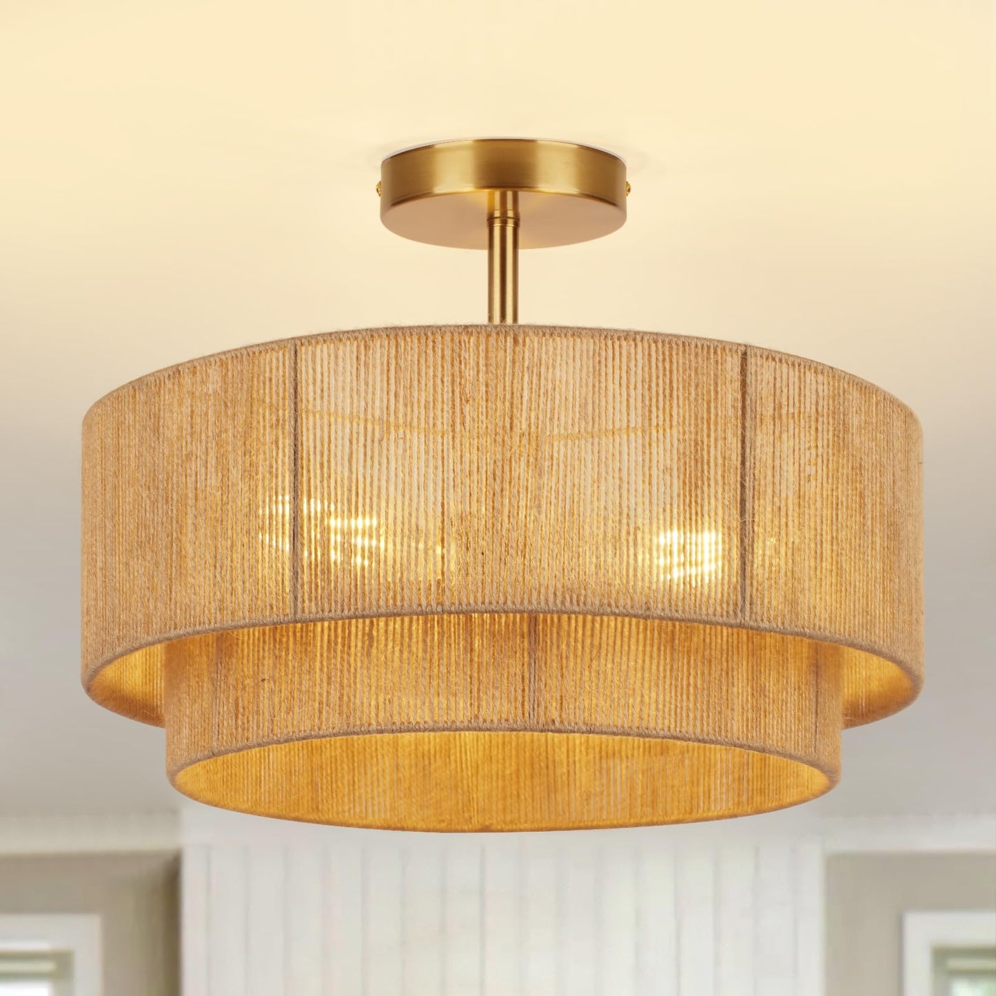 16'' Semi Flush Mount Ceiling Light,Boho Light Fixtures,3-Light Coastal Hemp Rope Ceiling Light Flush Mount with 2-Tier Drum Shade,Farmhouse Rattan Ceiling Lights for Bedroom, Kitchen,Living Room