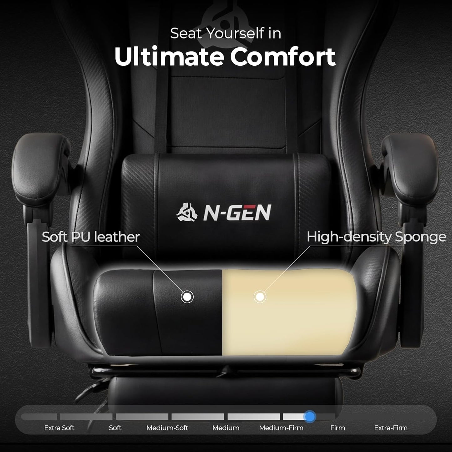 N-GEN GAMING Video Gaming Chair with Footrest Lumbar Support for Home Office High Back Recliner Height Adjustable Ergonomic Comfy Leather Computer Desk Chair (Black)