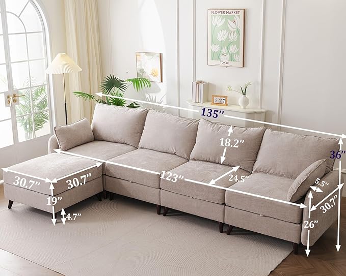 Rexulqo 135'' Modular Sectional Sofa with All Seats Storage, Oversized L Shaped Couch for Living Room,4-Seater Comfy Cloud Couches with Movable Ottoman,Big Sectional for Bedroom,Velet,Khaki