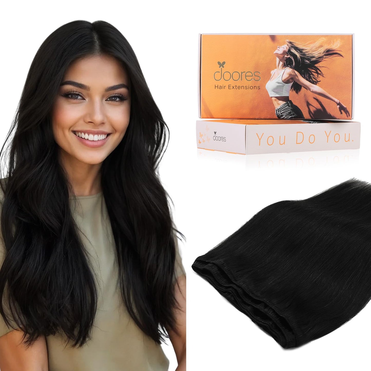 DOORES Sew in Hair Extensions Real Human Hair, Jet Black 22 Inch 110g, Hand Tied Weft Bundles Natural Straight Extensions