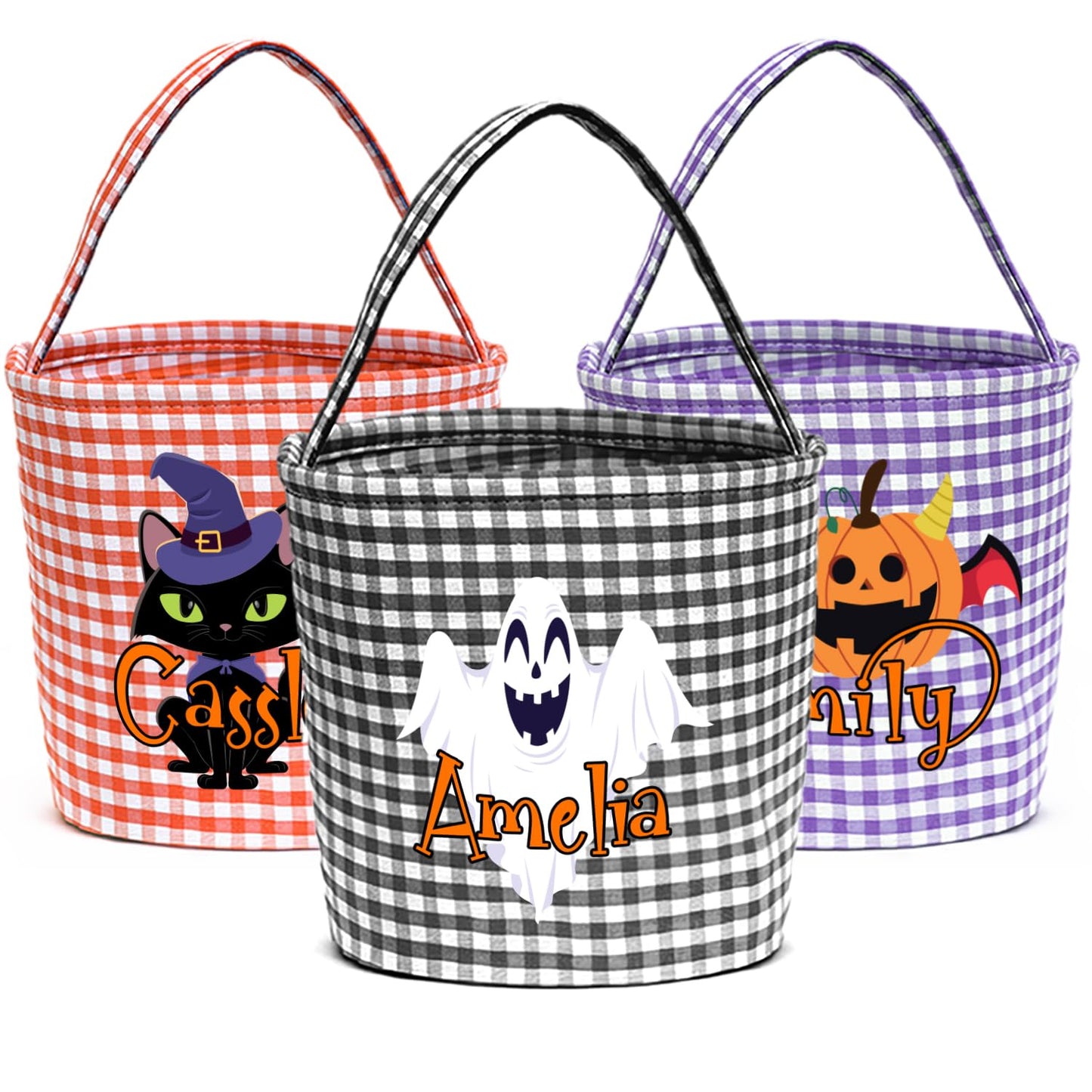 Magic Lunar Personalized Halloween Trick or Treat Bag with Name, Custom Candy Basket, Costume Ghost Bat Pumpkin Bucket, Gift Goodie Bags for Kids