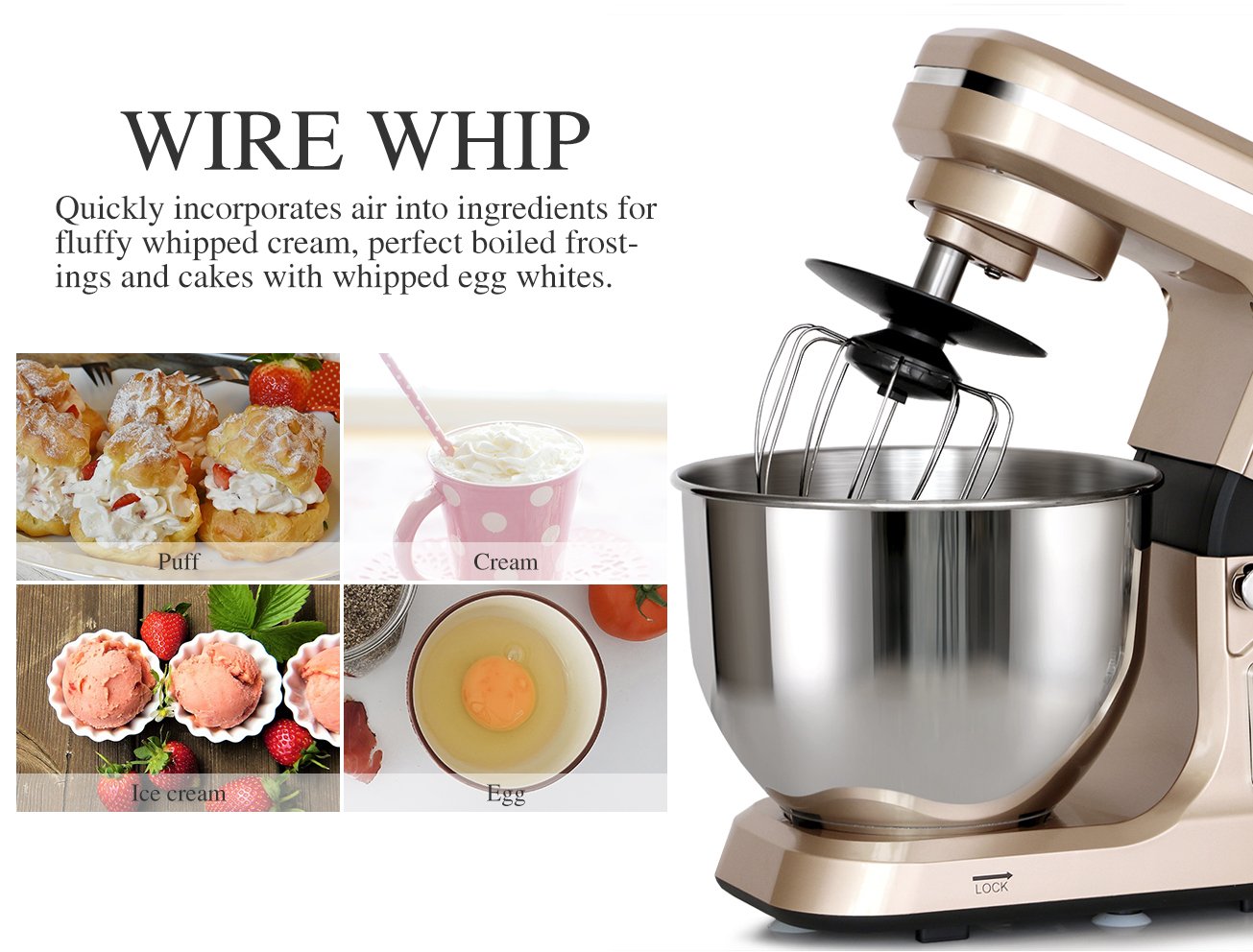 MURENKING Stand Mixer,5.3-Qt & 500W & 6+P Speed MK36 Tilt-Head Kitchen Electric Food Mixers Home Baking Dough Machine with Accessories (Champagne)