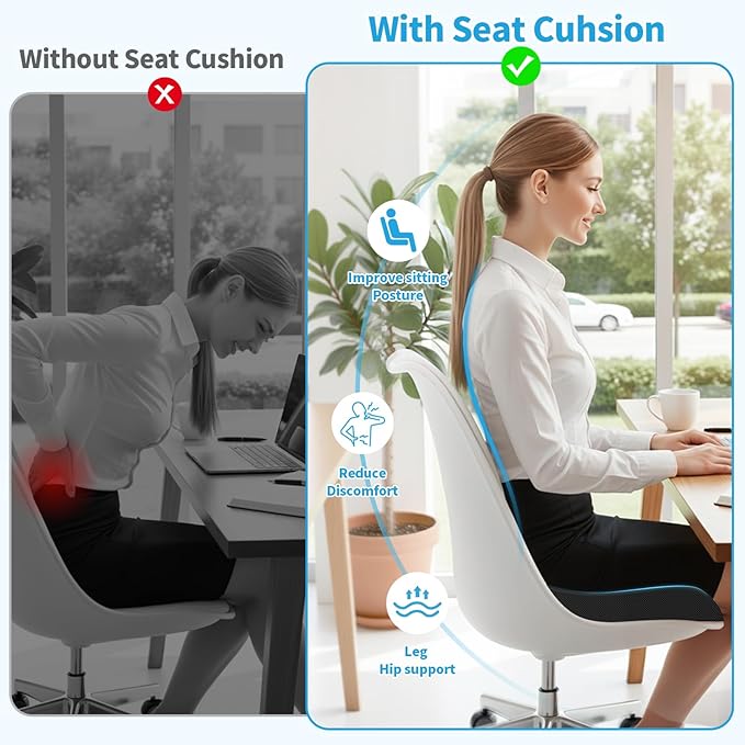 TranquilRelax Large Seat Cushion，Soft Foam Cushion for Long Sitting Hours on Office Chair, Home & Car, Non-Slip Chair Pad for Relieving Back & Sciatica & Hip & Coccyx Pain (Black)