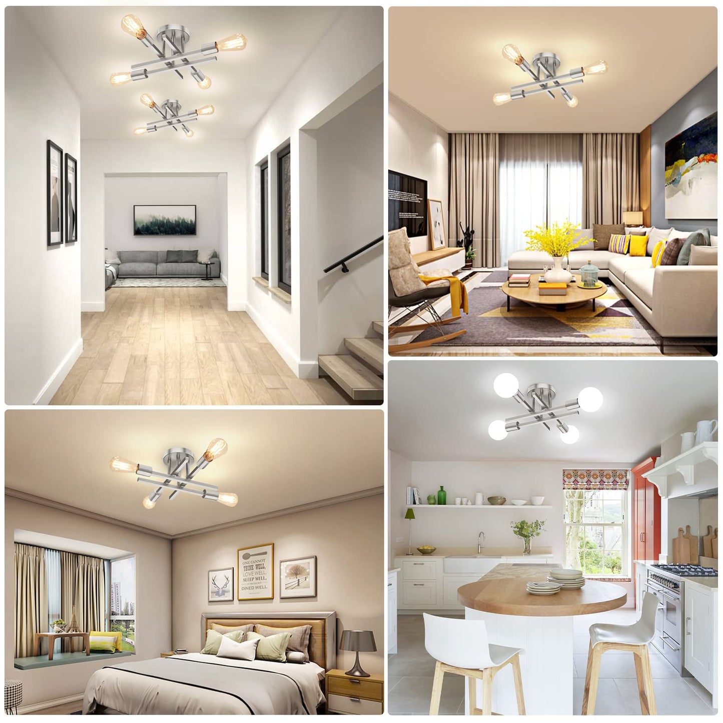 Brushed Nickle Semi Flush Mount Ceiling Lights, 4-Light Modern Industrial Sputnik Chandelier Light Fixture, Silver Flush Mount Light for Kitchen Bedroom Living Room Dining Room Closet, E26 Bulb Socket