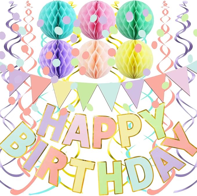 Fecedy Macaron Superlarge Alphabet Happy Birthday Banner Colorful Flag Bunting Circle Confetti Garland Swirl Streamers Hon...
