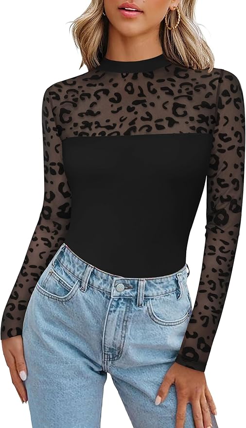 Zeagoo Long Sleeve Shirts for Women's Lace Tops Mesh Sheer Crew Neck Shirts Sexy Fall Going Out Blouse