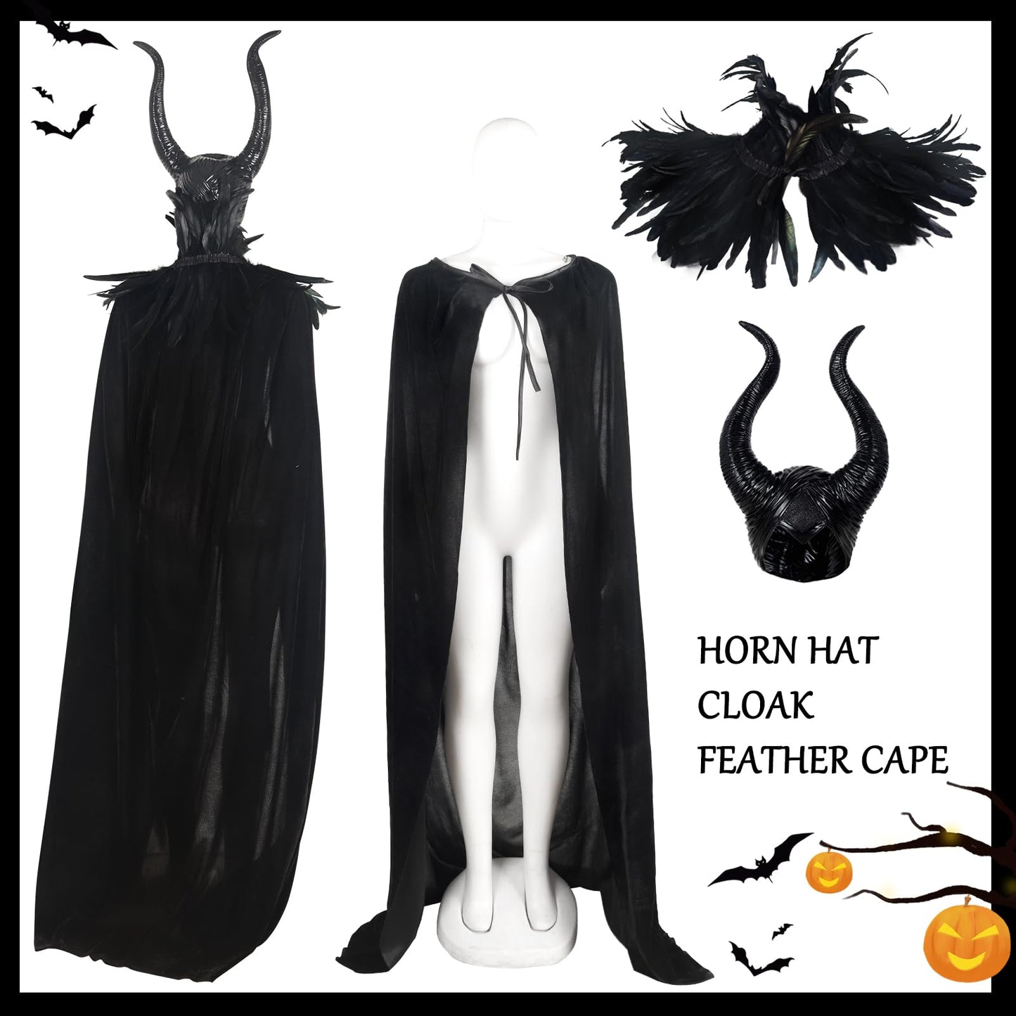 HOMELEX Evil Queen Horns with Feather Cape Shawl Set Black Halloween Costume for Women