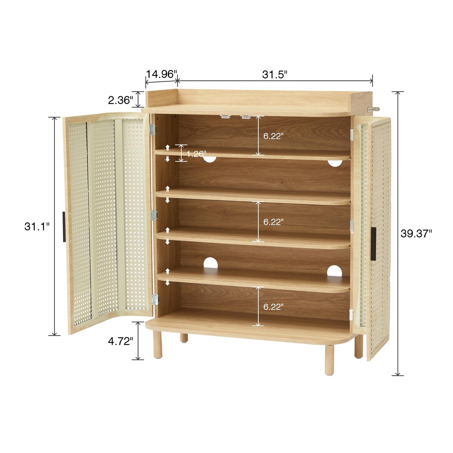 ORRD Shoe Cabinet, 5 Tier Boho Wooden Shoe Storage Organizer Cabinet with Adjustable Shelves, Shoes Rack with Iron Rattan Curved Doors Accent Cabinet for Entryway Hallway Living Room, Natural