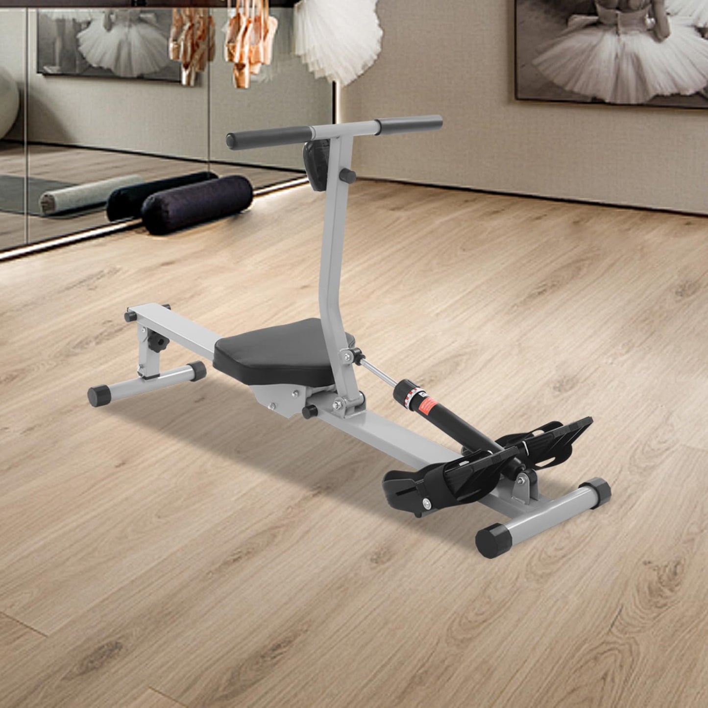 Foldable Rowing Machine for Home - 12-Level Magnetic Rowing Machine with Monitor, Freestanding Hydraulic Resistance Rower for Small Spaces, Cardio & Strength Training (Black/Grey)