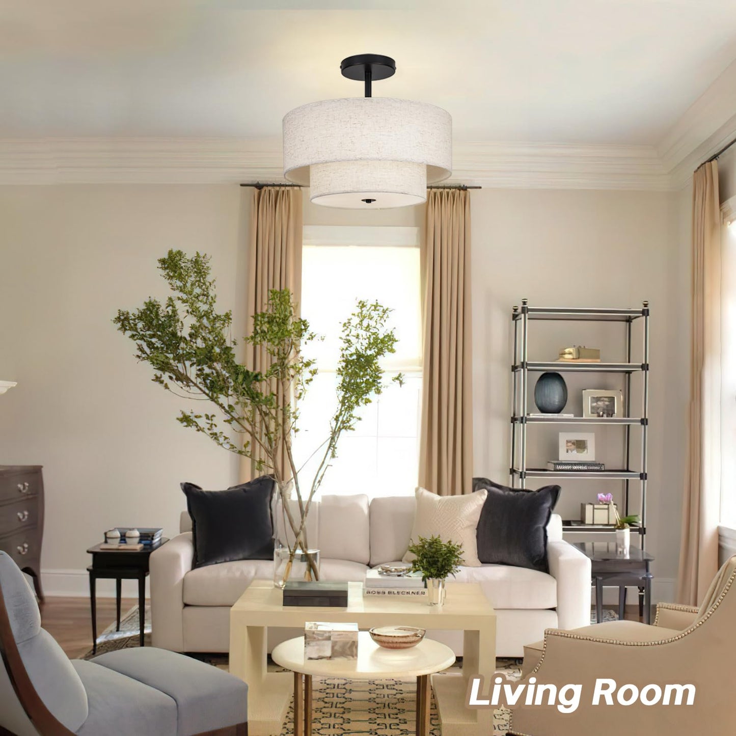 HILUXIA 18 Inch Large Semi Flush Mount Ceiling Light Fixture with Dual Drum Design, Farmhouse Fabric Linen Shade for Bedroom, Living Room, Kitchen, and Dining - Modern Chandelier Lamp