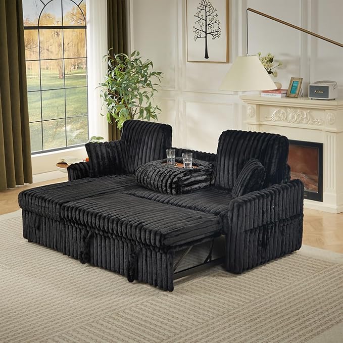 Sleeper Sofa Bed, 81” Pull Out Couch Bed with Reversible Storage Chaise, 3 in 1 L-Shaped Couch with Charging Station, Cup Holder, Side Pocket, Plush Corduroy Couches for Living Room(Black)