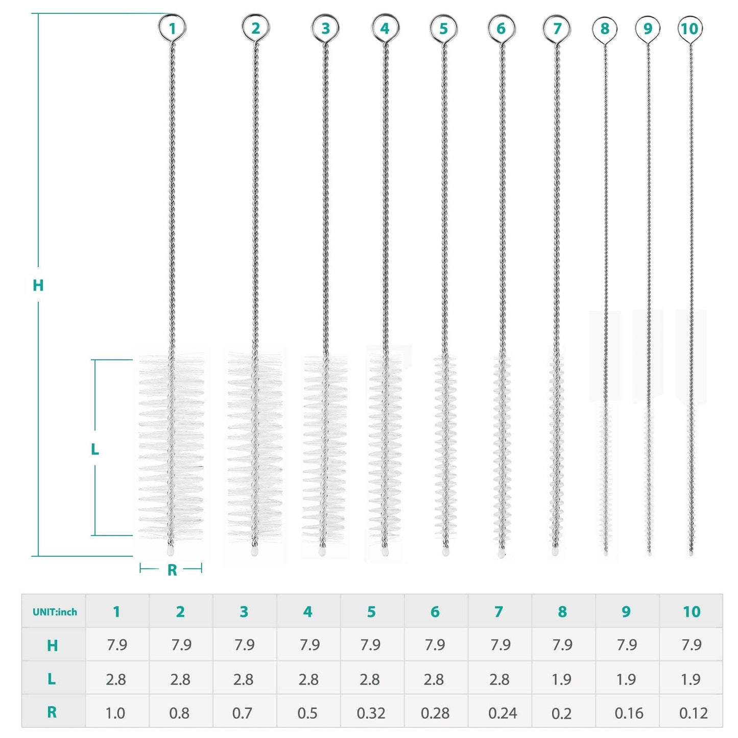 CiaraQ Bottle Cleaning Brushes, 8 Inch Nylon Tube Brush Set, Cleaner for Narrow Neck Bottles Cups with Hook, Set of 10pcs.