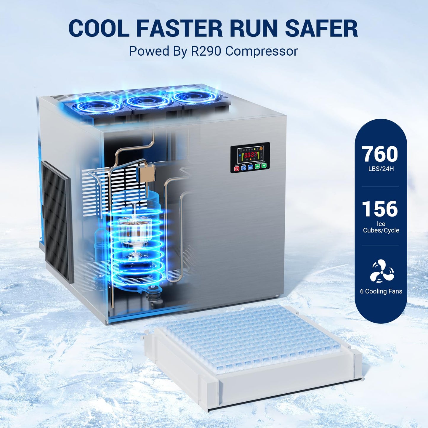 Commercial Ice Maker, 760 LBS/24h with 560 LBS Storage Bin, 156 Ice Cubes Ready in 5-15 min, Self Cleaning Stainless Steel Industrial Ice Machine for Bar Restaurant Cafe