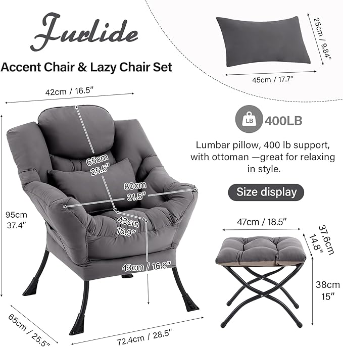 Furlide Lazy Chair with Ottoman, Comfy Fabric Accent Lounge Arm Chair with Lumbar Pillow and Folding Footrest, Reading Leisure Sofa Armchair for Bedroom, Living Room, Dorm,Dark Grey