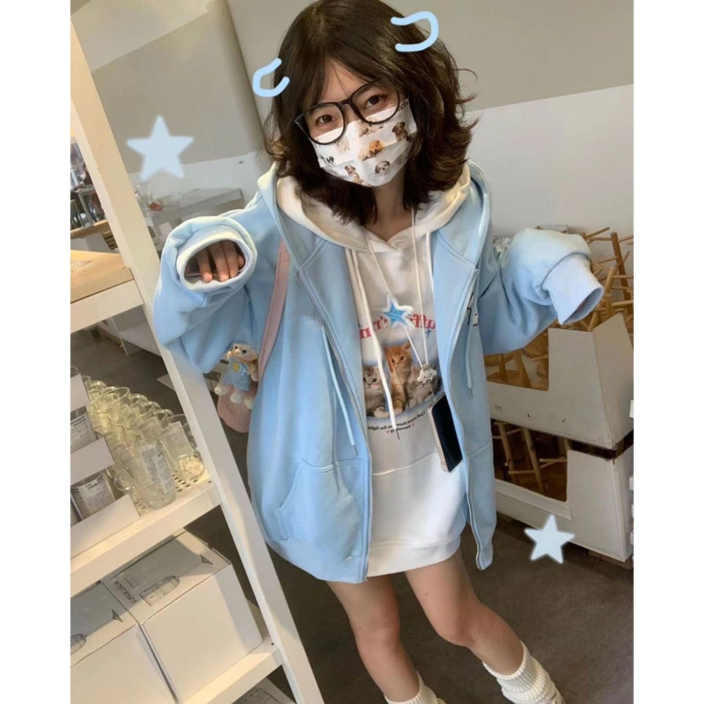 QJK Kawaii Clothes Cute Hoodie Y2k Jacket Zip Up Y2k Hoodies for Teen Girls Oversized Hoodie (Blue,S,Small)