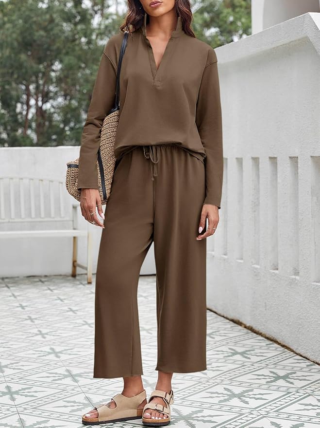 Imily Bela Womens 2 Piece Outfits Sweatsuit Long Sleeve Lapel V Neck Shirt and Wide Leg Pants 2025 Fall Trendy Tracksuit