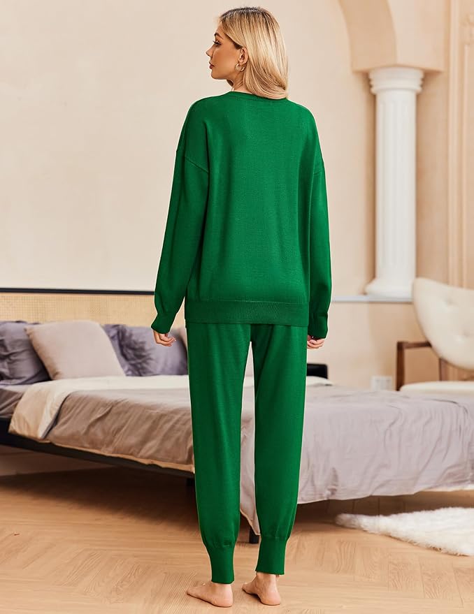Ekouaer Women's 2 Piece Lounge Set Long Sleeve Knit Pajamas Sweatsuit Jogger Pant Outfits With Pockets S-XXL