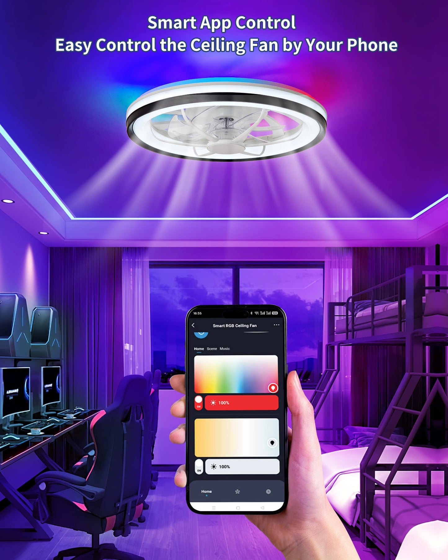 Kwinmyso 18.9 Modern Smart Ceiling Fan With Light And Remote Control,Flush Mount Low Profile Dimmable Ceiling Fan,Stepless Dimmi