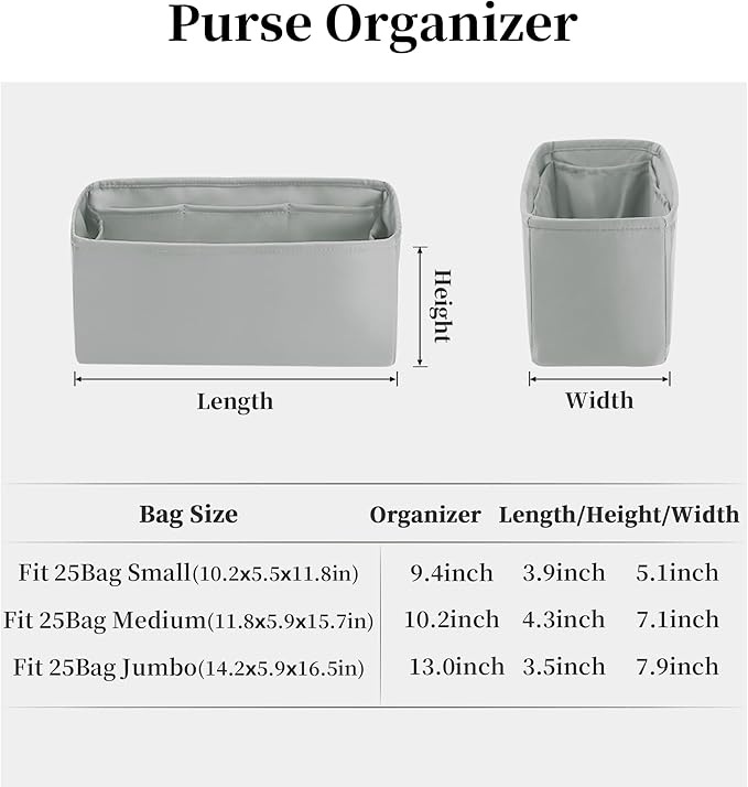 Purse Organizer Insert for Chanel 25C Hobo Bags, Satin Luxury Bag Insert, Large Capacity Pouch with Practical Pockets, Portable Purse Shaper(Pearl grey, 25 Small)