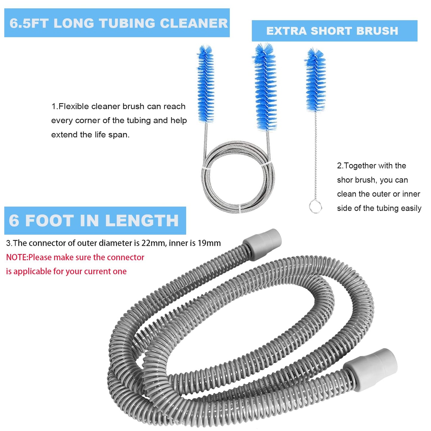 3 PACK 6 Foot Hoses Replacements for CPAP Suppliers, Tubing Replacements Fits for Resmed Airsense 10, 11 and Most of CPAP, APAP Machine/Mask with Cleaning Brush