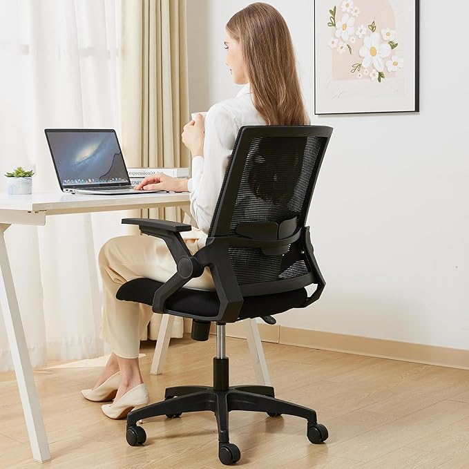 Msdizuo Ergonomic Office Chair, High Back Desk Chair with Adjustable Height, Swivel Chair with Flip-Up Arms and Lumbar Support, Breathable Mesh Computer Chair for Home/Study/Working/Relaxing, (Black)