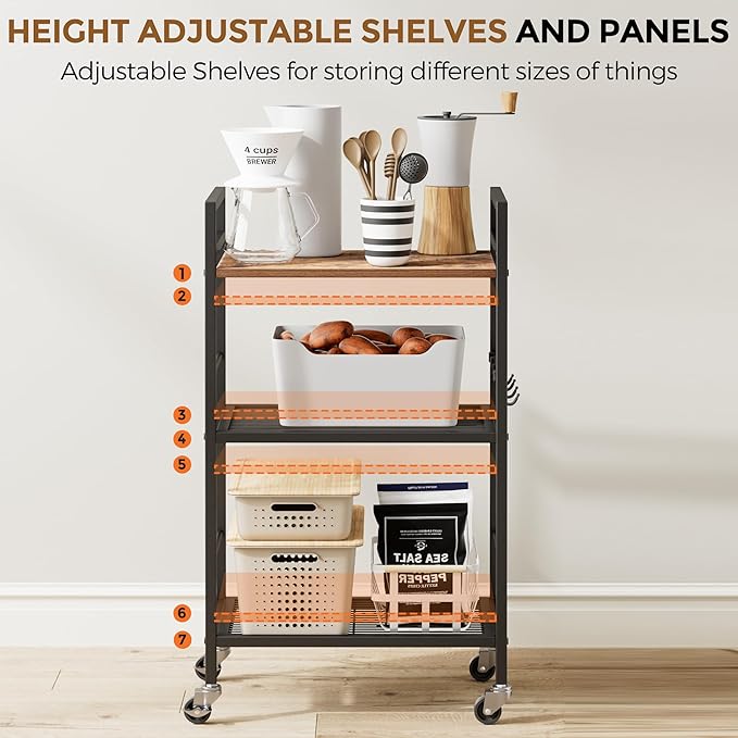 XIVIRACK 3-Tier Metal Storage Rack with Industrial Wheels,Mesh Shelving Unit with Wooden Table top,Adjustable Shelf,16.9-Inch Width,for Kitchen,Laundry,Pantry,Plant,Black