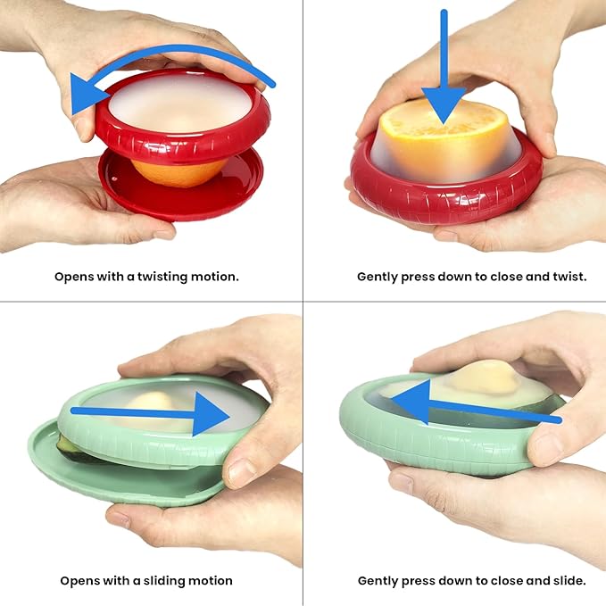 4 Pcs Reusable Avocado Onion Lemon Tomatoes Saver Keeper, Silicone Fruit and Vegetable Anti-Oxidation Storage Box Refrigerator, Fruit Veggie Holder Containers for Fridge (Cyan, Purple, Red And Yellow)