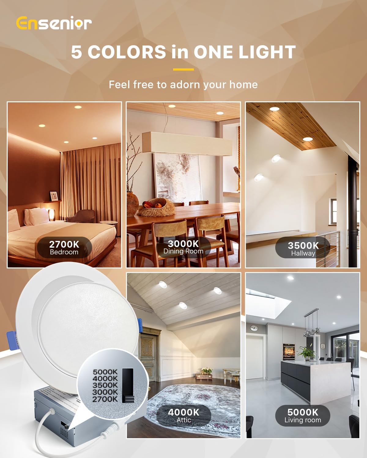 Ensenior 6 Pack 6 inch Gimbal Led Recessed Lighting, 90° Rotatable and 5CCT Selectable, Dimmable Eyeball Recessed Lights, Angled Adjustable Ceiling Downlight, 1200LM, 12W=115W-ETL&FCC Certified