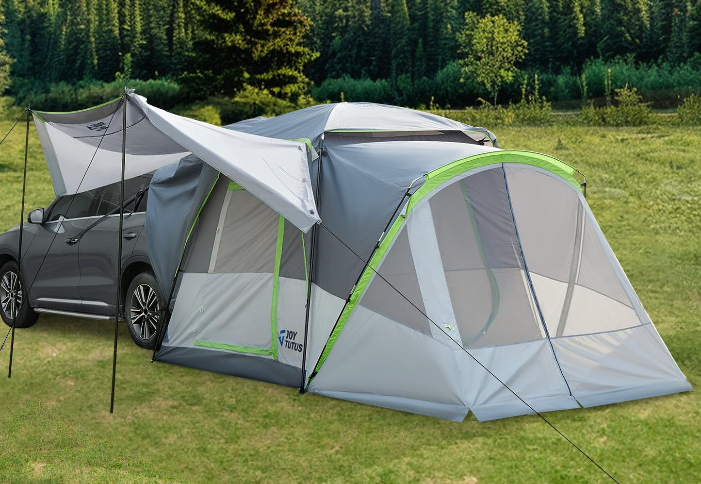 JOYTUTUS SUV Tent with Screen Porch, Rainfly and Awning for Family Camping, 60% More Space Car Tent for 5-9 Person, Dual-Use Camping Tent with 2 Rooms, Double Door, Starry Sky Roof, Gray Green