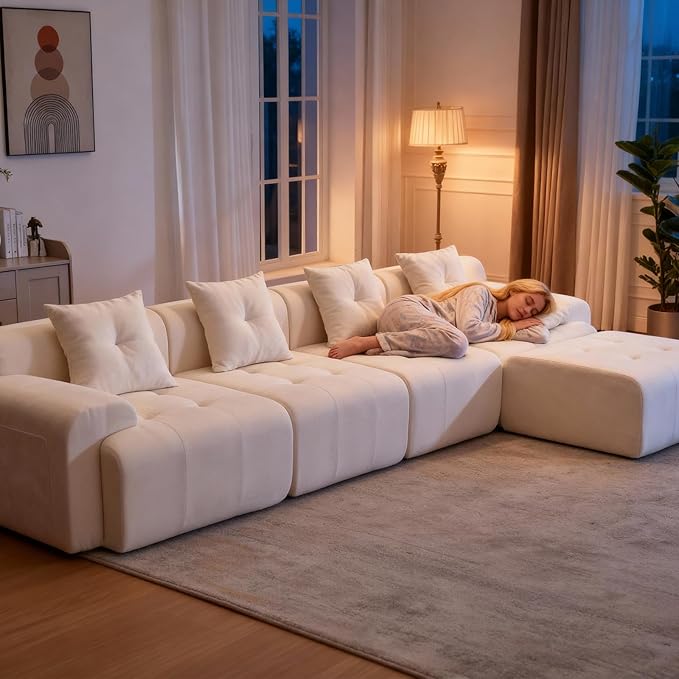 YAAREE 129.23”Modular Sectional Couch for Living Room, Modren L-Shape Cloud Sectional 4-Seater Sofa with Movable Ottoman, Woven Texture Upholstery Boneless Couch, No Assembly, Beige