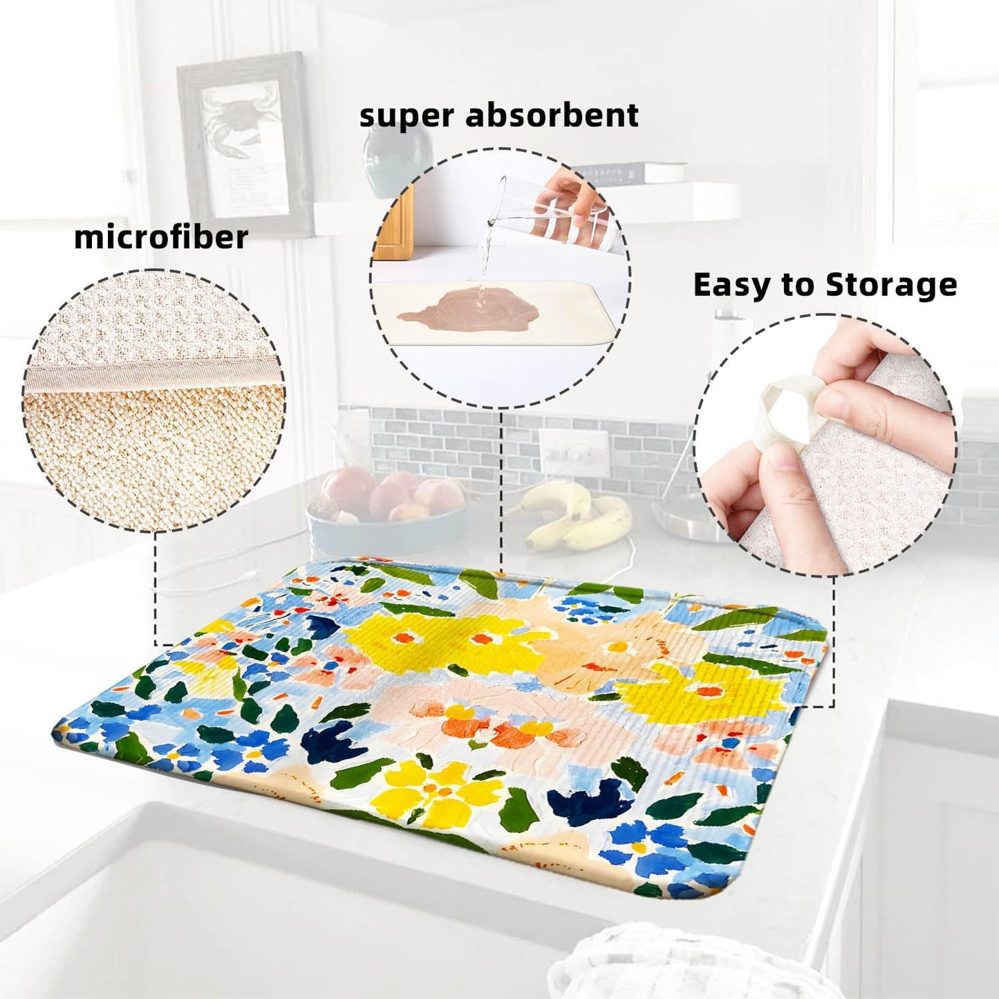Flower Drying Mat 16" X 18" Yellow flower Kitchen Counter Stone Large Dish Drying Mats For Kitchen Counter Blue Floral Drying Mats For Home Counter Drying Mats For Dishes Table Mat Drying Kitchen Mat