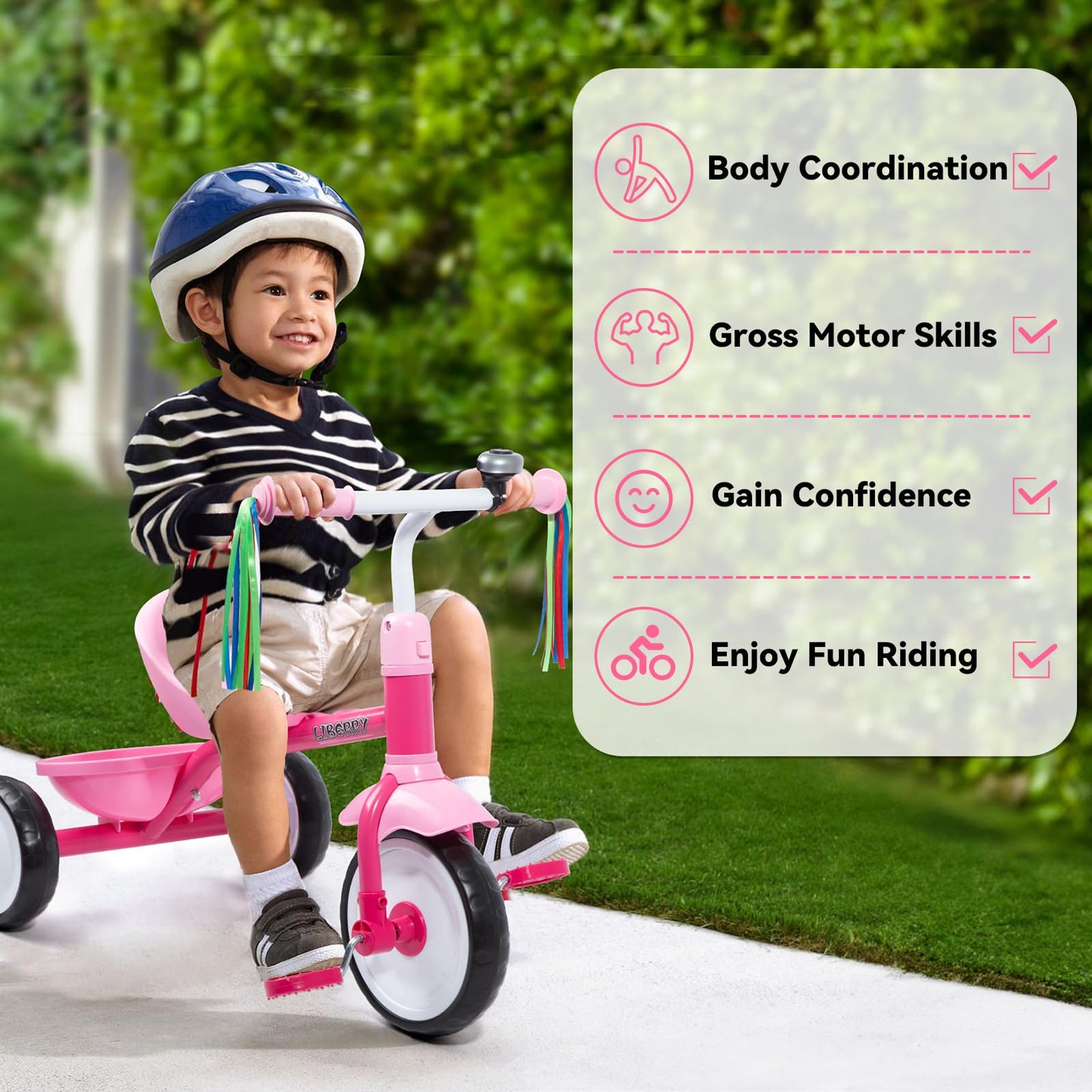 Liberry Toddler Tricycle Age 2 3 4 Years Old, Kids Trike with Bell, Back Basket and Removable Pedal, 3 Wheel Bike Birthday Toys Gift for Boys Girls, Pink