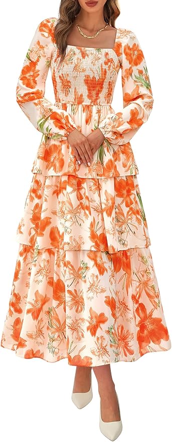 BTFBM Spring Dresses for Women 2026 Floral Long Sleeve Smocked Square Neck Ruffle Tiered Flowy Party Wedding Guest Dress