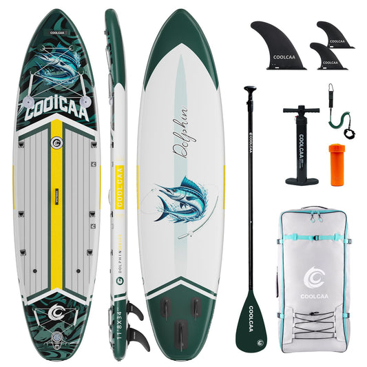 COOLCAA Dolphin 11'8" Inflatable Stand-Up Paddle Board, 490Lbs Capacity SUP Board with 34'' Extra Wide, Fishing Paddleboard with Accessories & Bag for Adults Youth (Sailfish Blade)