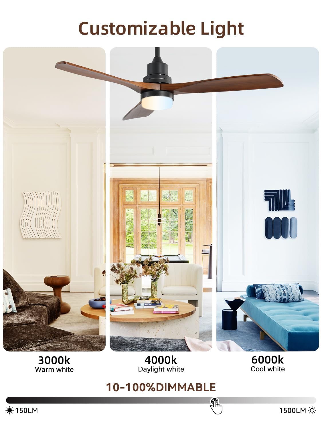 Sofucor 52 Inch Ceiling Fans with Lights and Remote Control, Modern Solid Wood Outdoor Ceiling Fan with Light for Bedroom Living Room Indoor Farmhouse Patio, Quiet DC Motor