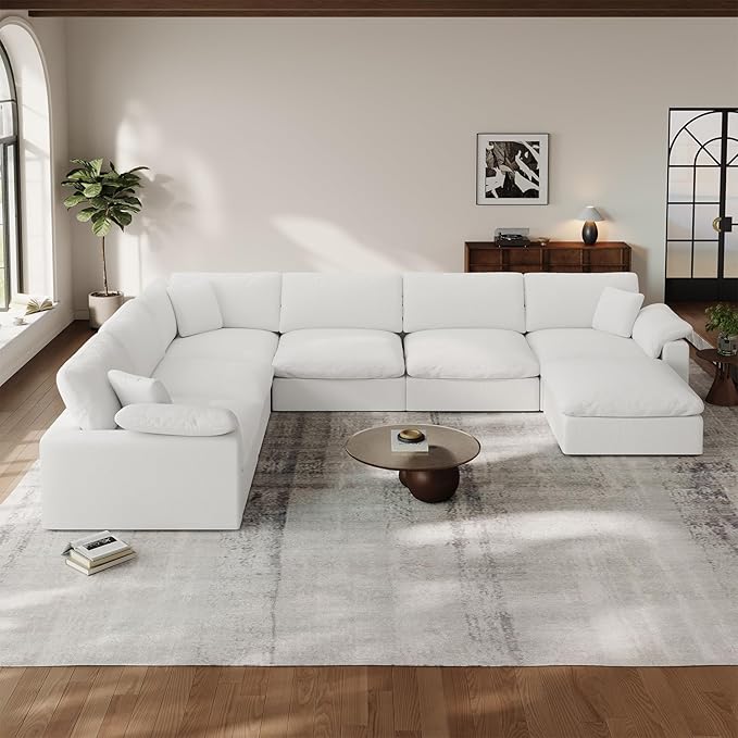 Cloud Modular Couch for Living Room,7 Seater U Shape Linen Blend Sofas,Modern Deep Seat Cloud Sofas,Convertible Comfort Down Filled Sectional Couches,Removable Washable Cushion Covers,White