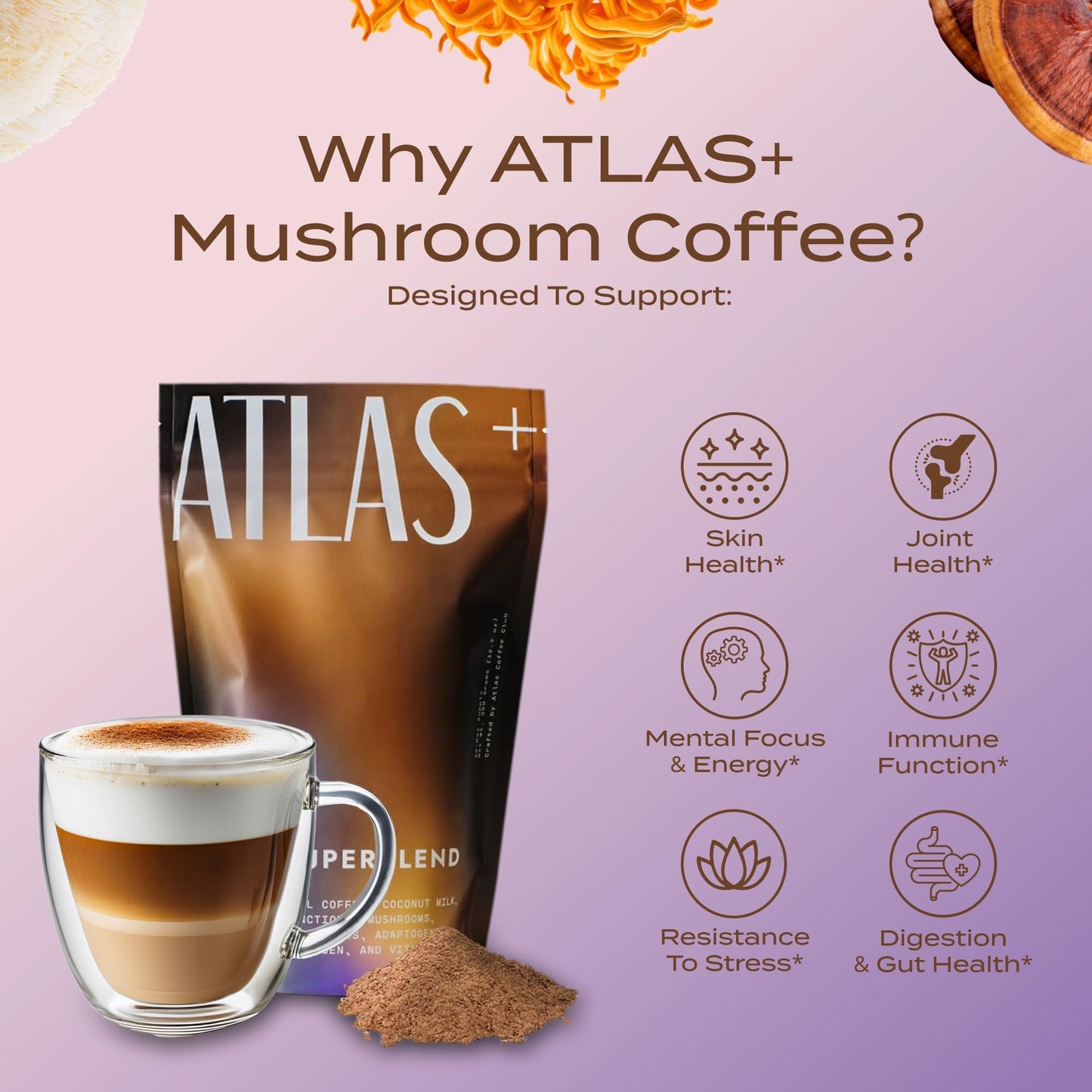 Atlas+ Latte Superblend– Premium Mushroom Coffee with Collagen, Probiotics, D3 & B12, Lion’s Mane, Reishi, Cordyceps, Coconut– for Energy, Focus, Immunity & Gut Health– 40 Servings (2 Bags)