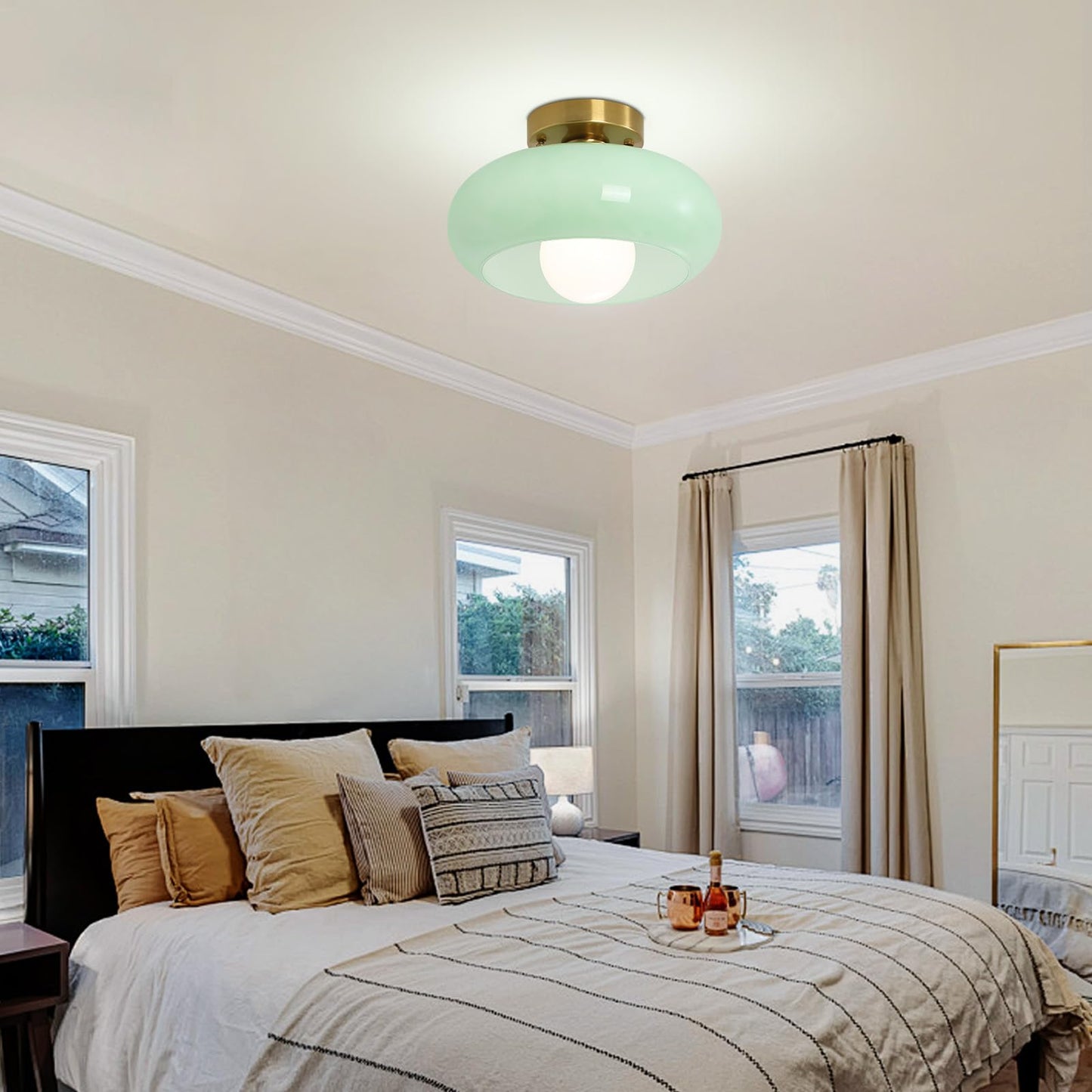 Yunnix Flush Mount Ceiling Light Hallway Light Fixtures Glass Light for Bedroom Kitchen Dining Room Hallway Globe Gold Base Light Green 11.02 inch