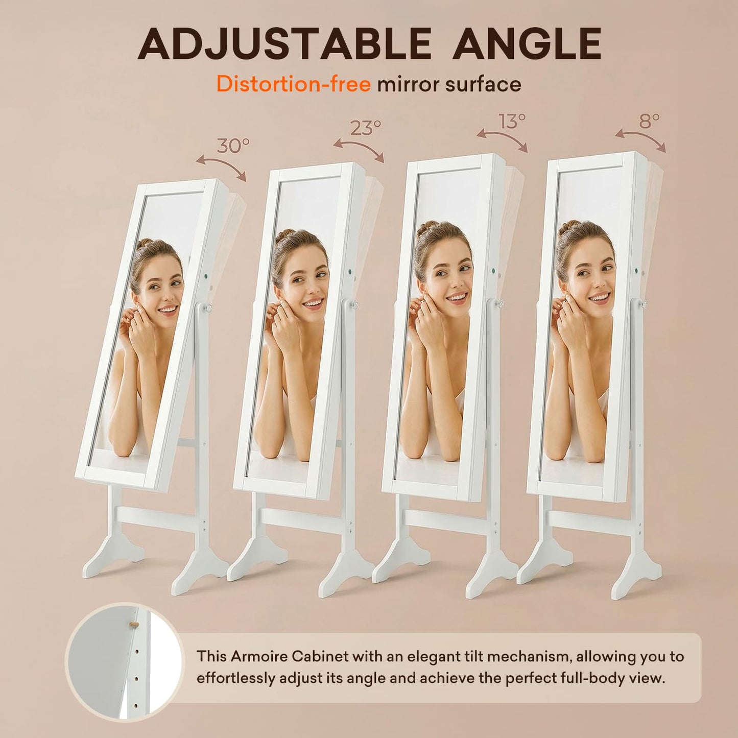 Antok Jewelry Cabinet with Full Length Mirror & Large Storage - 61" Standing Lockable Armoire Organizer, Floor to Ceiling Model for Bedroom or Dressing Room, White