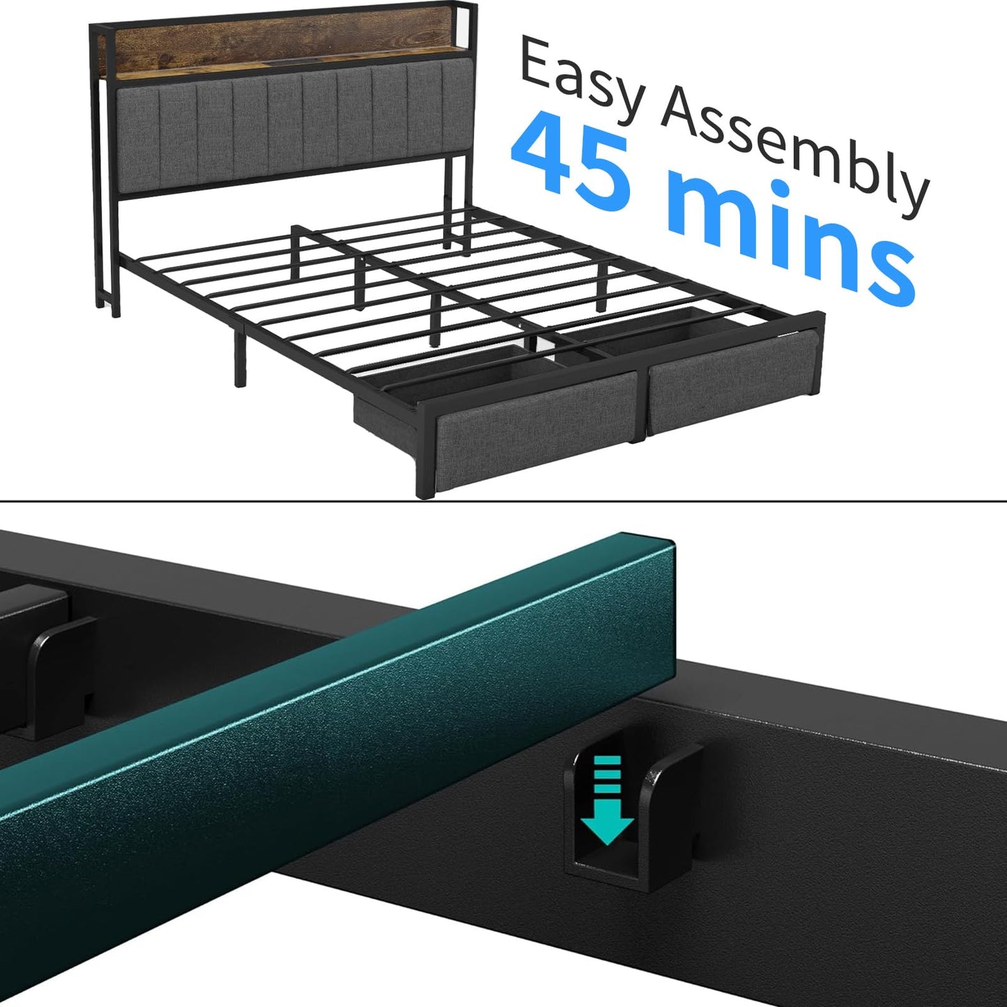 Queen Size Bed Frame with Socket and Storage Bed Frame with LED Light, Heavy Duty Metal Slats Support, No Box Spring Needed