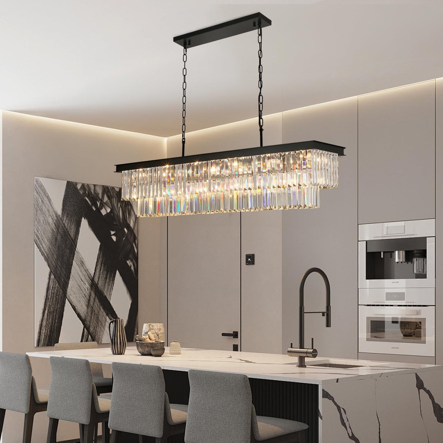 Weesalife Crystal Chandeliers for Dining Room Light Fixtures Over Table，18-Lights Black Modern Rectangle Chandeliers for Kitchen Island Bar L46 Inch