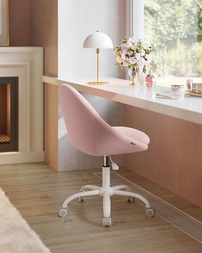 VASAGLE Vanity Chair with Lumbar Support, Adjustable Swivel Armless Desk Chair, Teddy Fleece, Compact for Small Spaces, Bedroom, Jelly Pink UOBG020R93