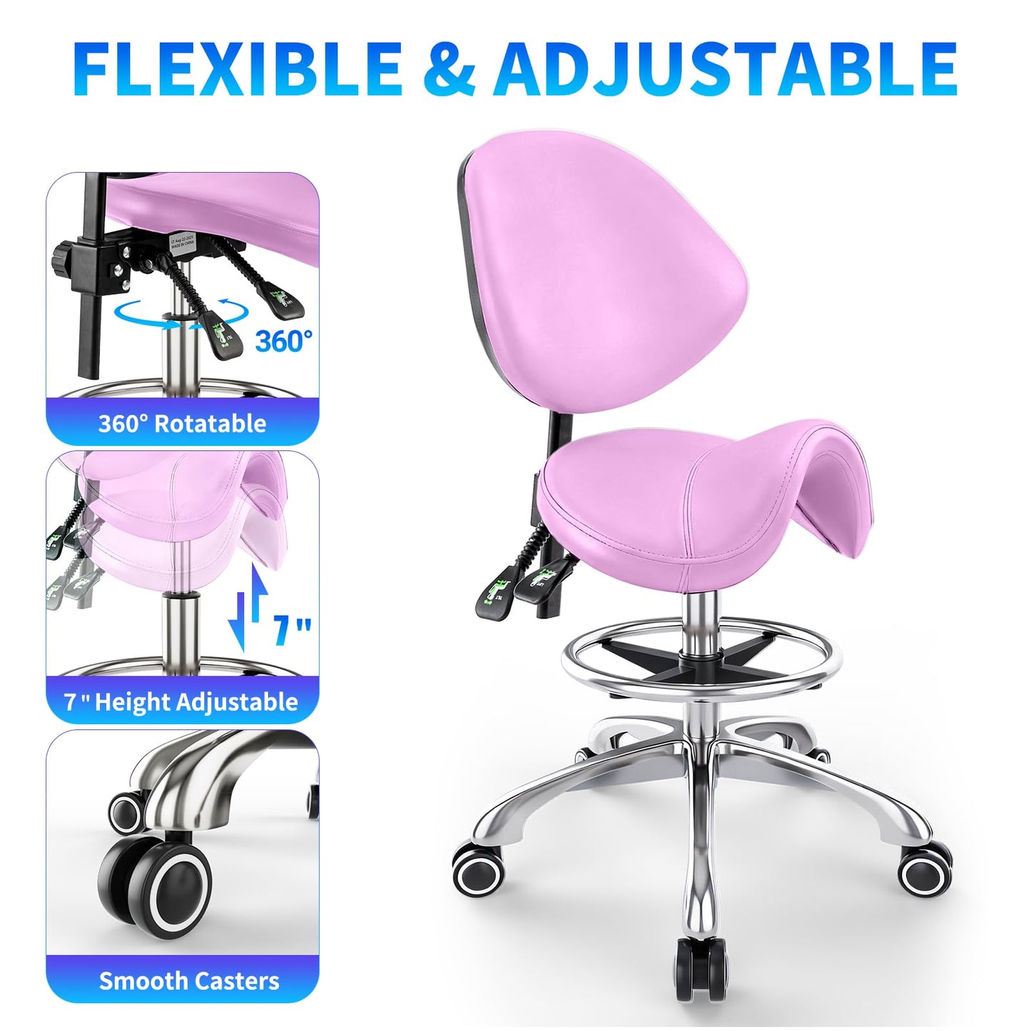 Saddle Chair with Back Support - Tilted Backrest, Adjustable Foot Rest, 350 LBS Capacity Ergonomic, 360° Swivel Drafting Chair for Salon, Spa, Massage, Tattoo, Facial lash, Home,（Macaron Purple）