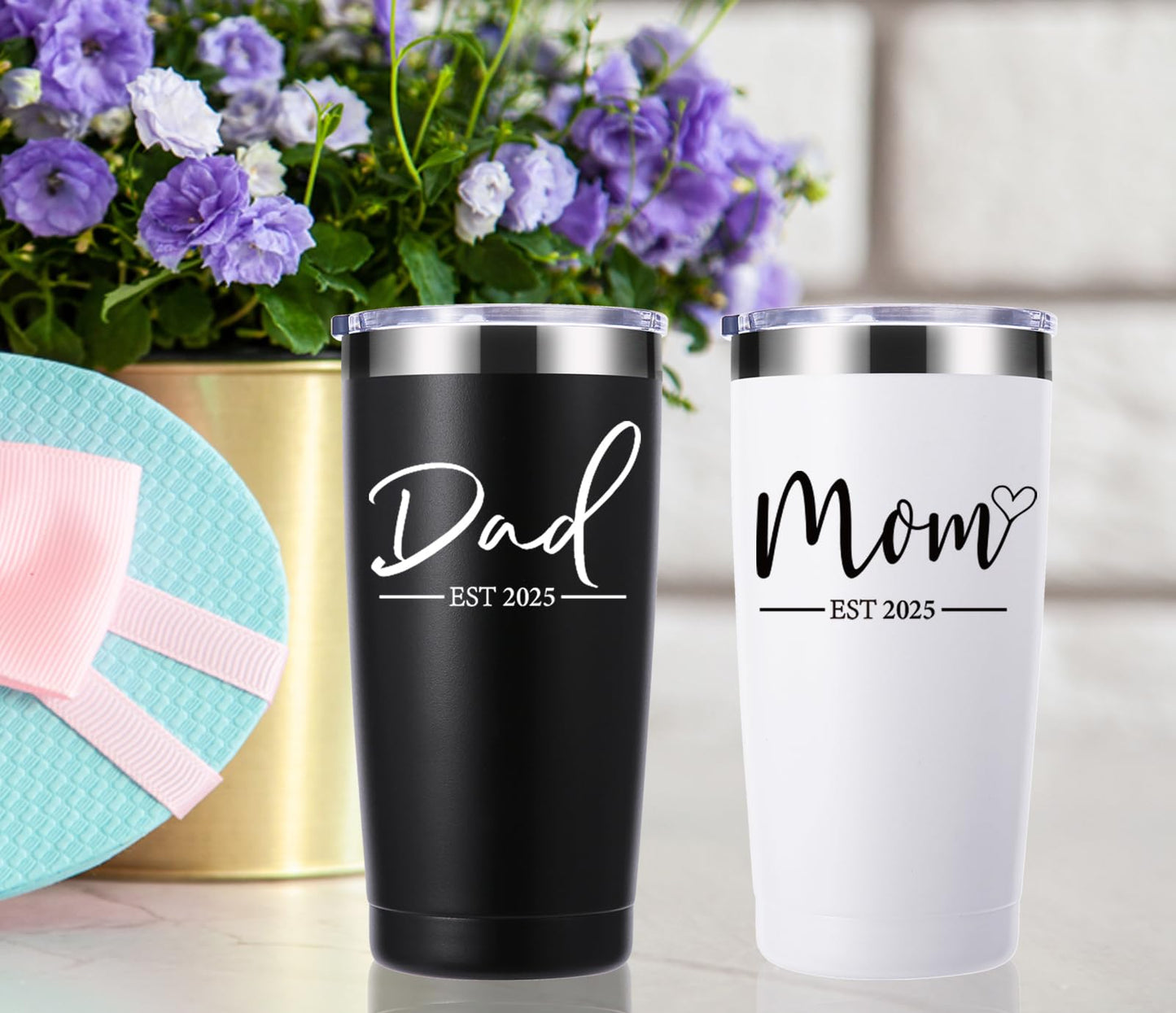 momocici Dad Mom Est 2025 20 OZ Tumbler.Anniversary New Parents Pregnancy Parents to be Gift.Father's Mother's Day Couples Gifts.Mom to Be Dad to Be Gifts.(Black&White)