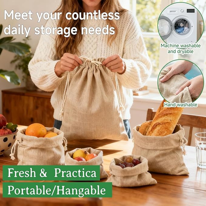 Simple&Opulence 12-Pack 5” x 7” Linen Cotton Drawstring Bags Reusable Grocery Sacks, DIY Craft Sachet Sacks Storage Cloth Bags for Party Wedding Home Bulk Produce Bags, Washable, Natual Linen