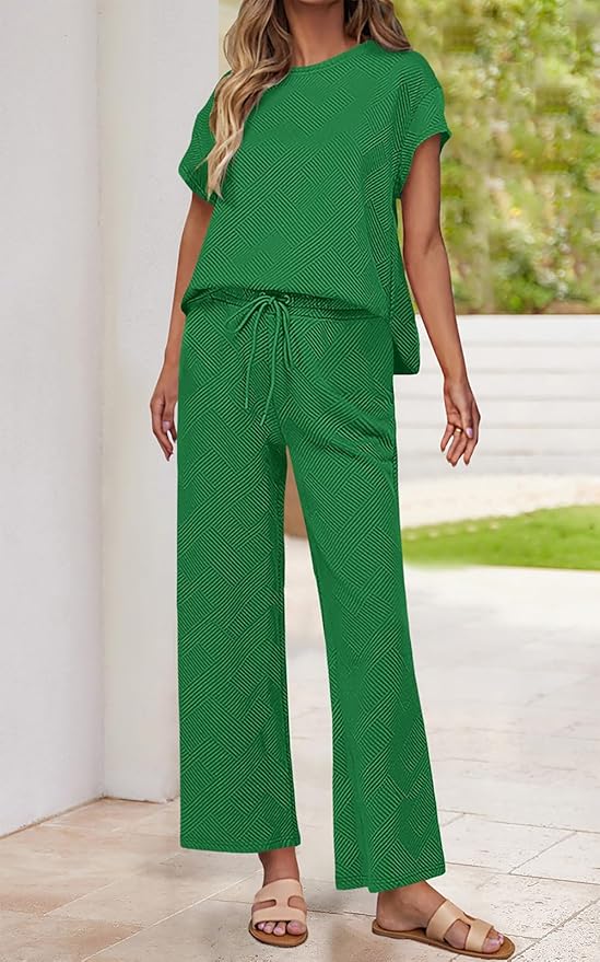 PRETTYGARDEN 2 Piece Outfits For Women Casual Tracksuit Short Sleeve Tops And Wide Leg Long Pants Matching Lounge Sets