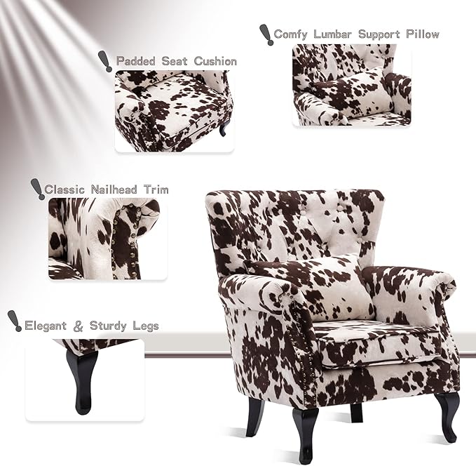 chairus Mid-Century Modern Accent Chair Comfy Tufted Single Sofa Chair Wingback Armchair with Pillow for Club, Living Room, Bedroom - Velvet, Cow