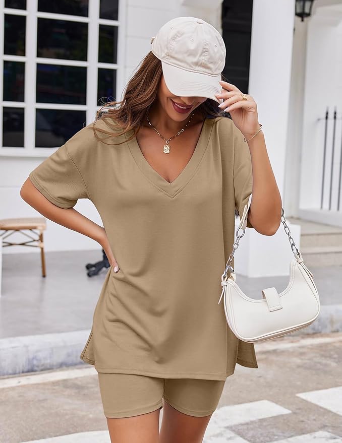 Ekouaer Womens Pajamas 2 Piece Lounge Sets Oversized V Neck T-Shirts Tops Biker Shorts Set Workout Reversible Tracksuit S-XXL