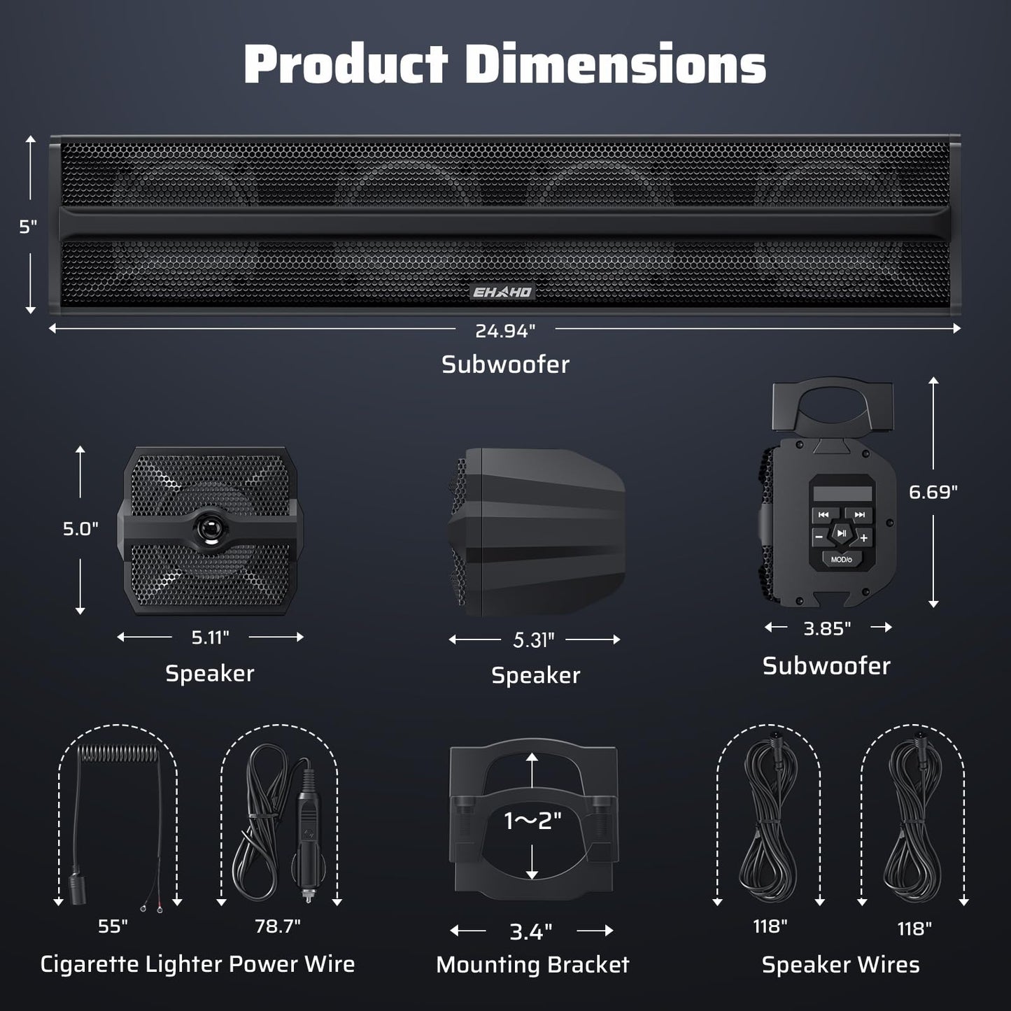 Ehaho 2.1CH Stereo UTV Sound Bar (Subwoofer) and Speakers, 26 Inch Bluetooth ATV Soundbar with RGB Lights, Waterproof Golf Cart Sound Bar, Marine Sound bar Compatible with SXS Polaris RZR Can-Am